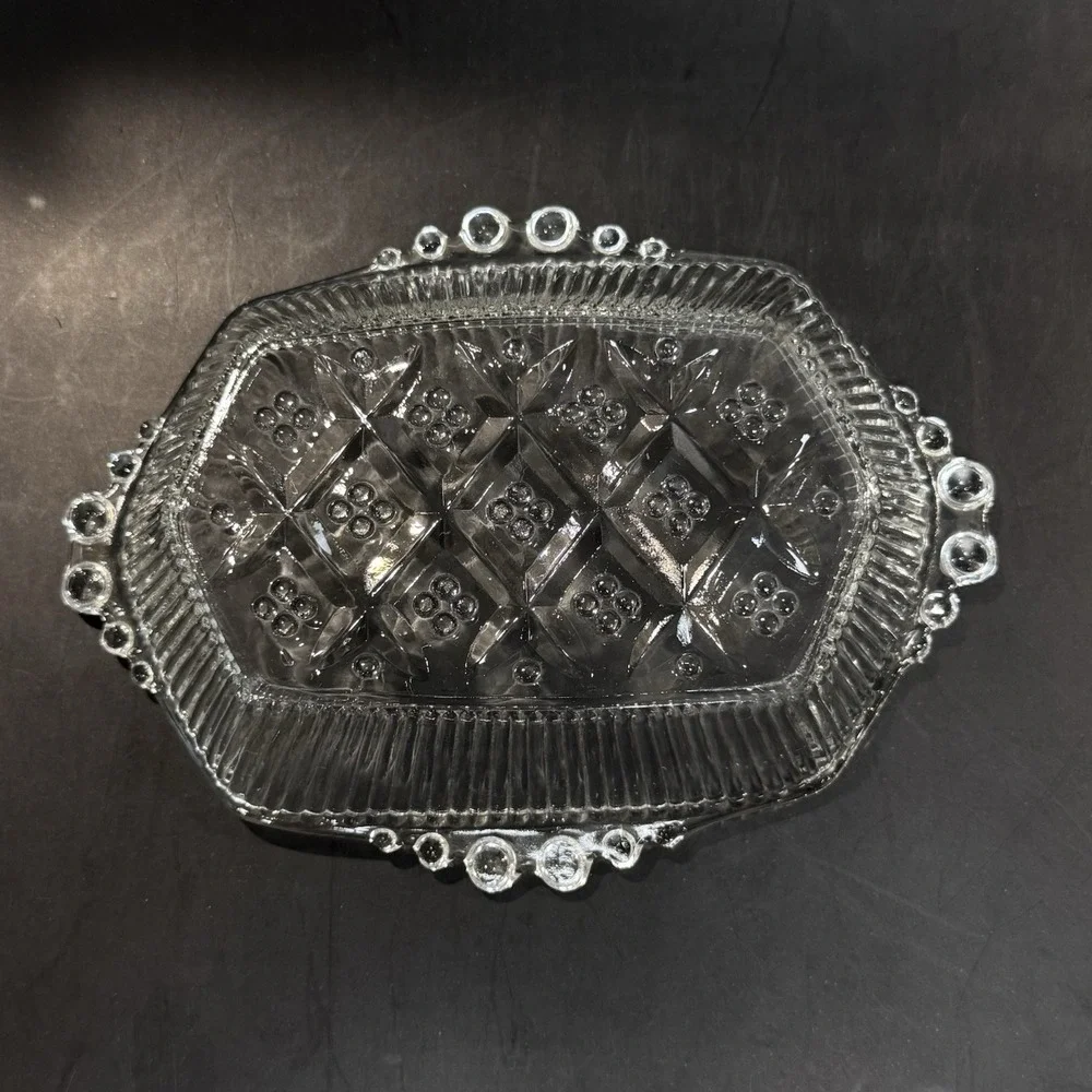 Vintage Anchor Hocking Beaded Block Clear Depression Glass Dish‎ w Handles
